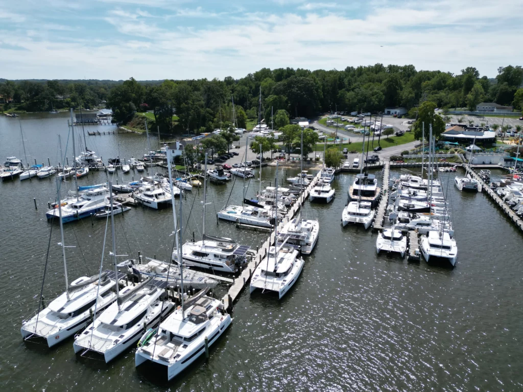 Scenic view of Pier 7 Marina in Edgewater, Maryland, just minutes from Annapolis, featuring boats docked on the South River.